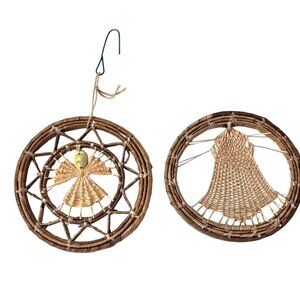 Vintage Woven Ornaments Straw Angel Bell Shell Hawaiian Natural Christmas Folk